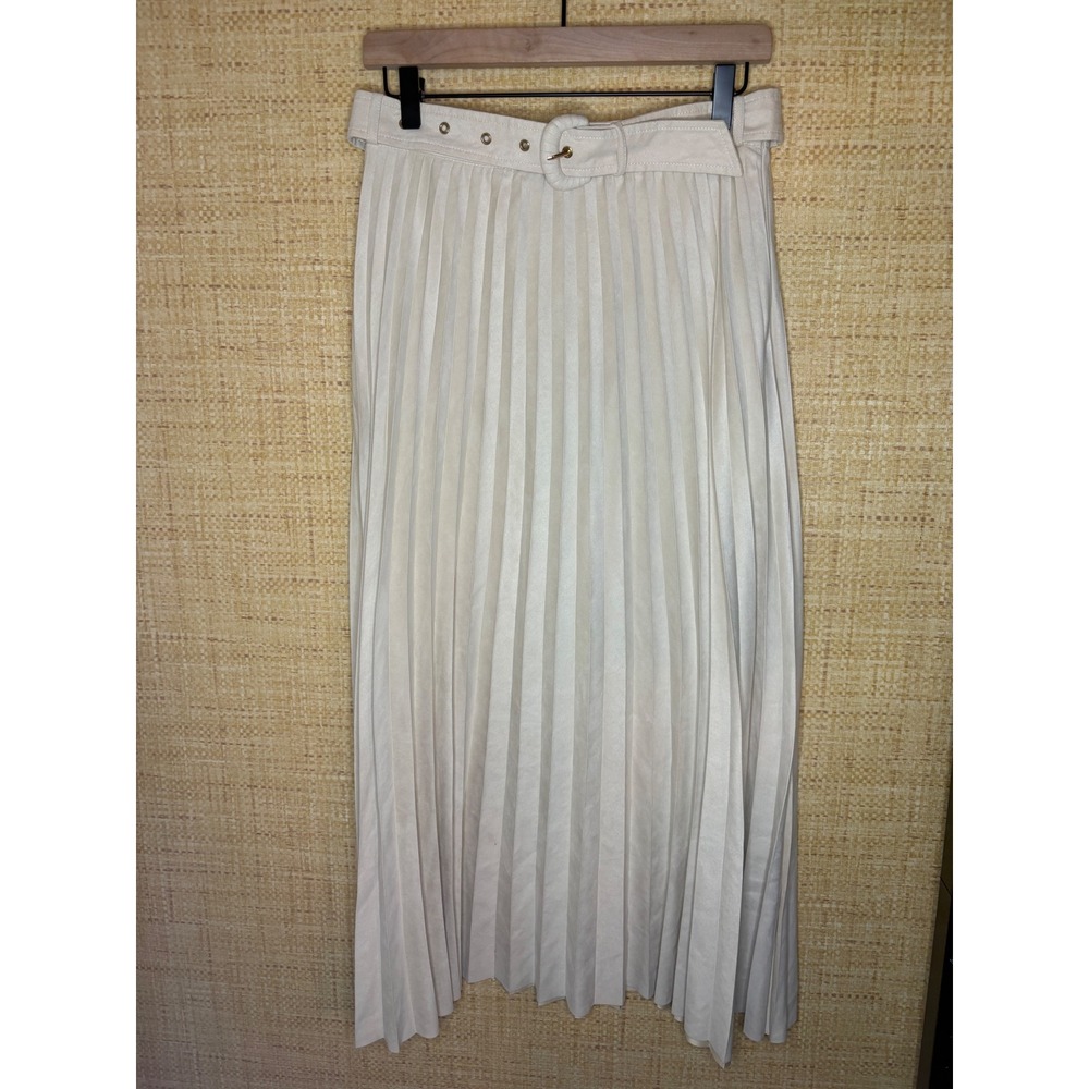 Zara Cream Faux Suede Pleated Midi Skirt Belted Ivory Accordion Skirt Small